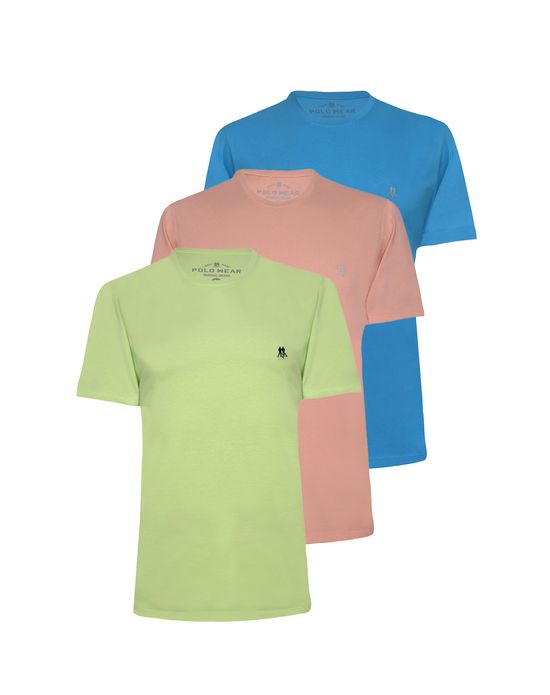 Kit com 3 Camisetas Básica 1 Verde Claro, 1 Azul Médio e 1 Rosa Claro Polo Wear GG