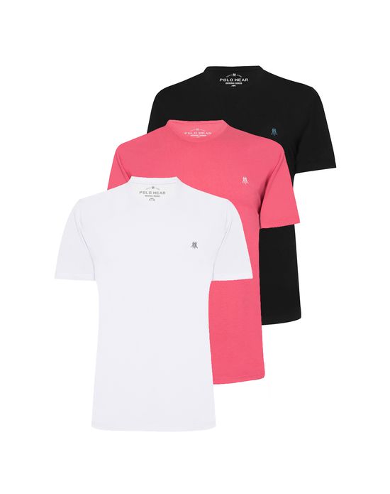 Kit com 3 Camisetas Básica 1 Preto, 1 Rosa Escuro e 1 Branco Polo Wear GG