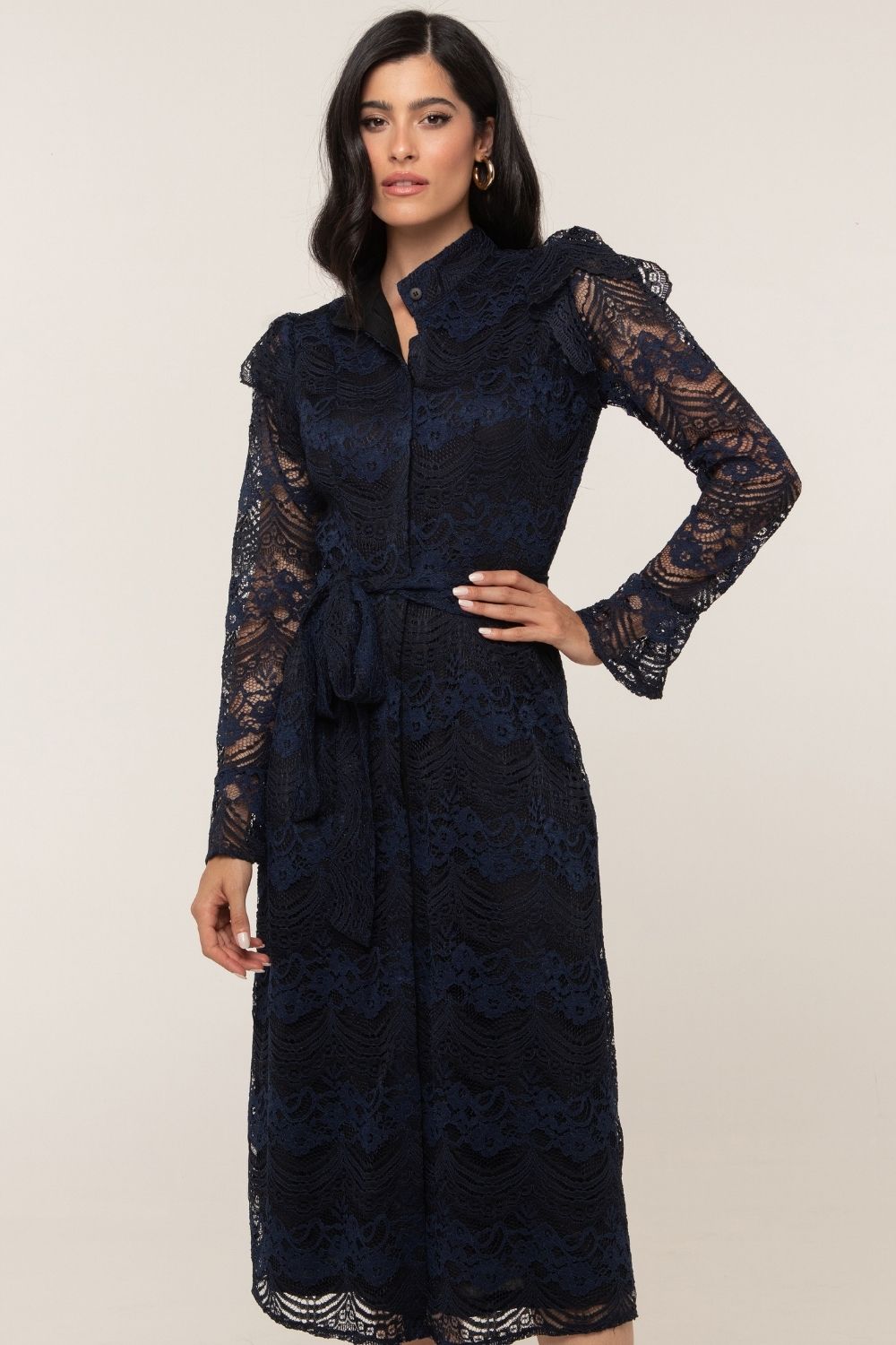 Vestido Midi em Renda Com Gola Alta Smk Azul Escuro