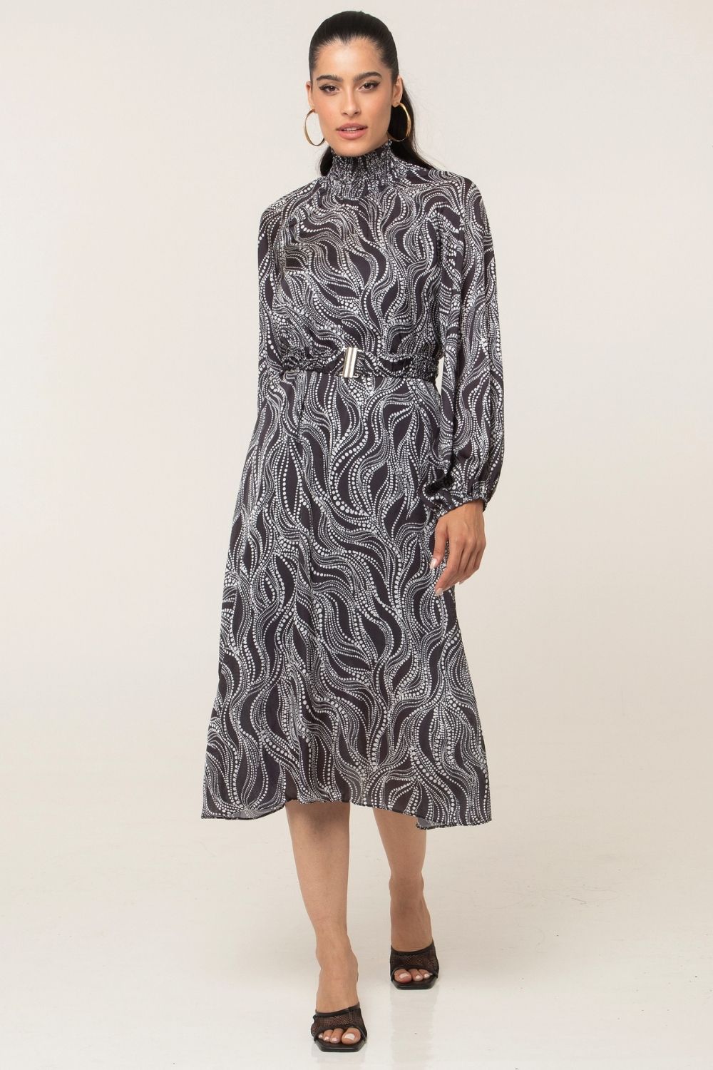 Vestido Midi Chifon Satin Twist Estampado Smk Preto