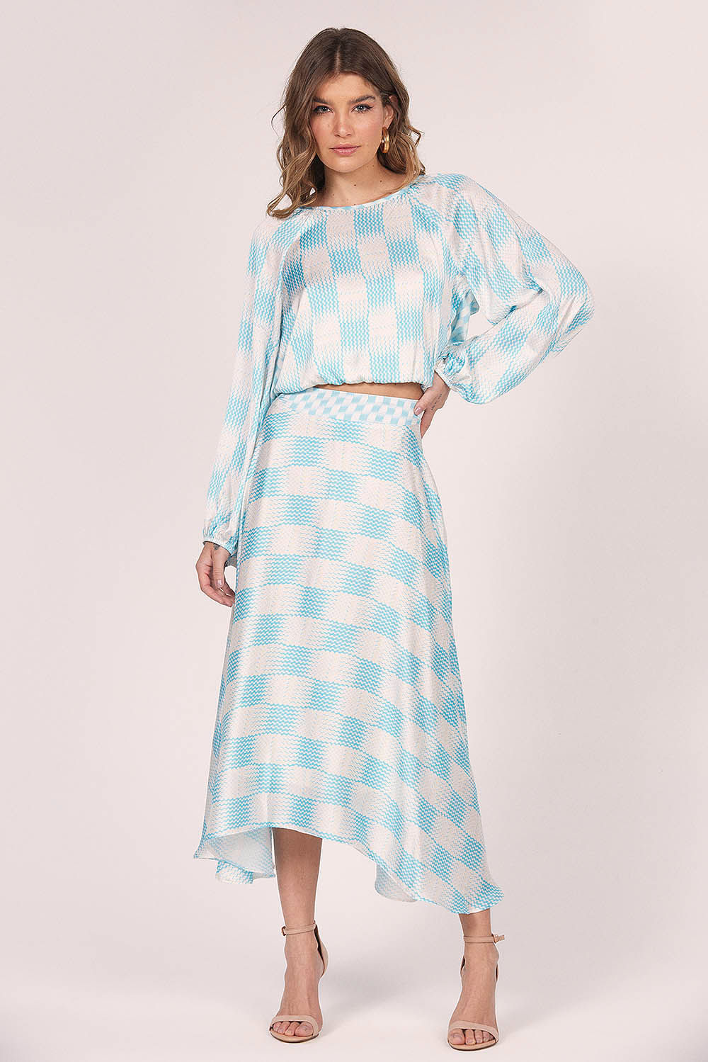 Saia Midi Assimétrica Estampa Xadrez Smk Azul Médio