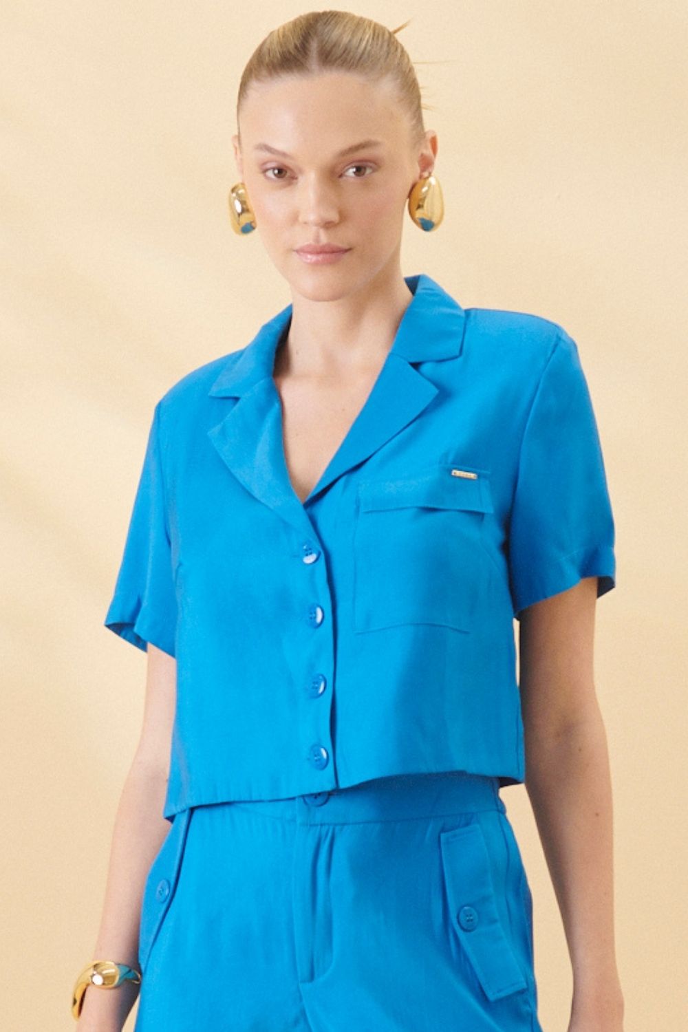 Camisa Cropped Feminina Lisa Smk Azul Médio