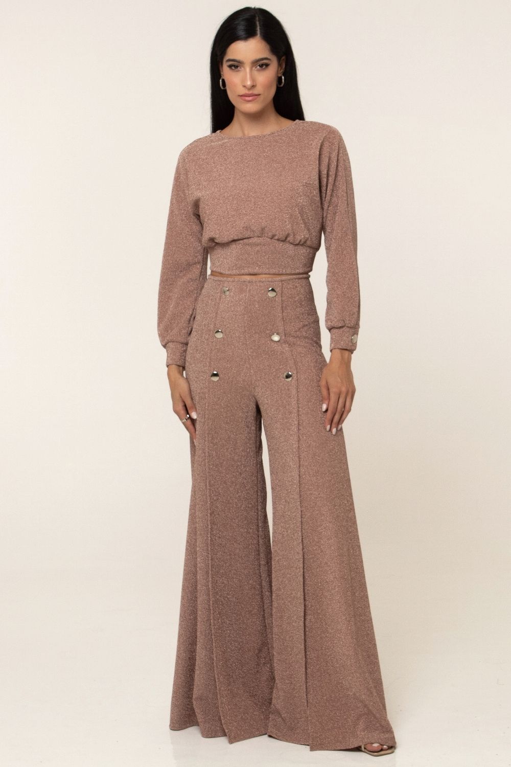 Calça Feminina Pantalona Ampla Smk Bege Médio