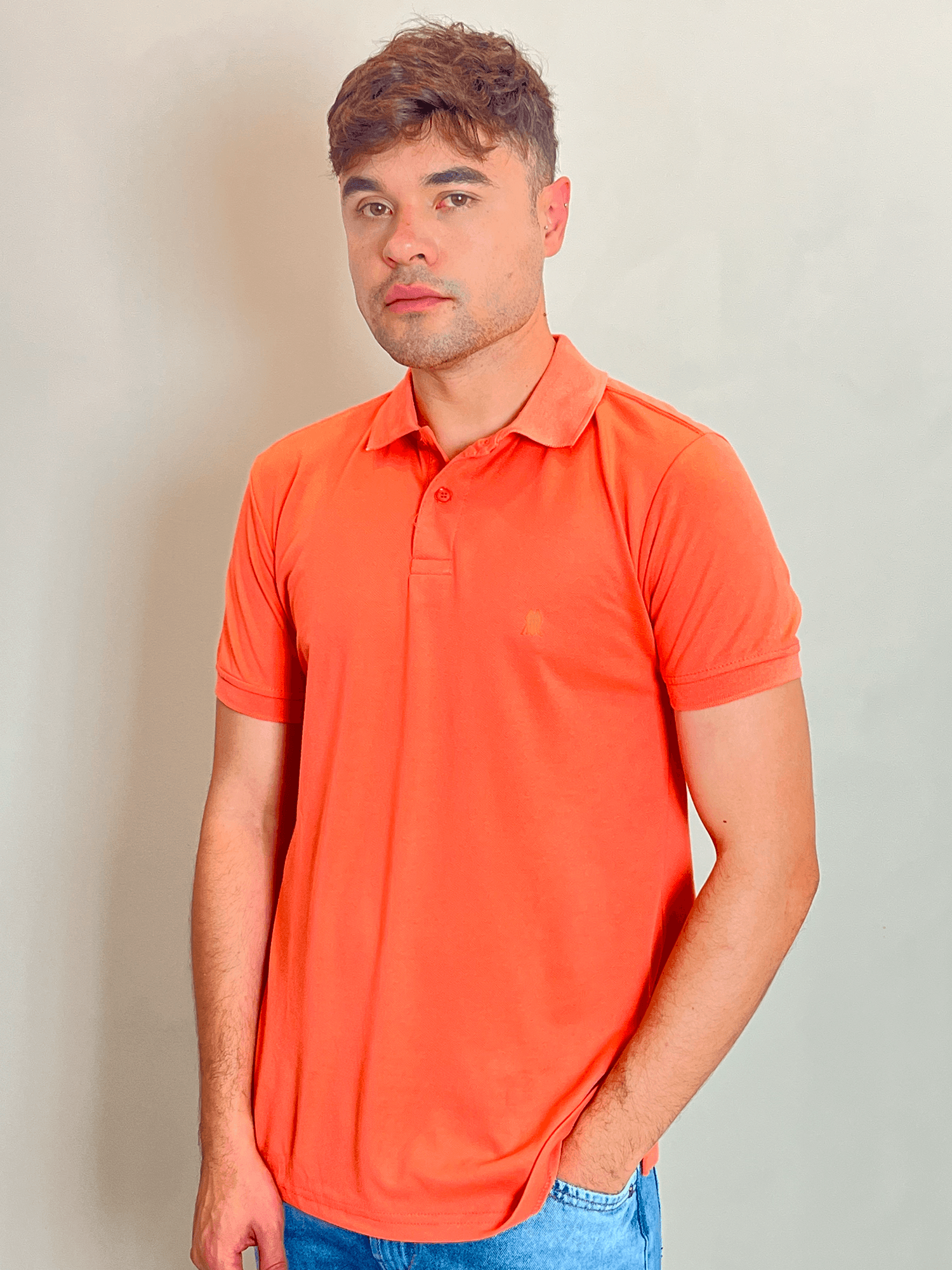 Polo Masculina Piquet Com Botões Polo Wear Laranja Médio