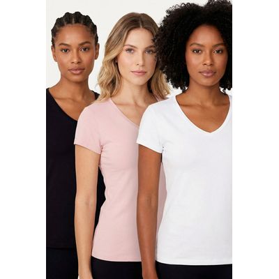 Kit 3 Camisetas Femininas Gola v Polo Wear Sortido